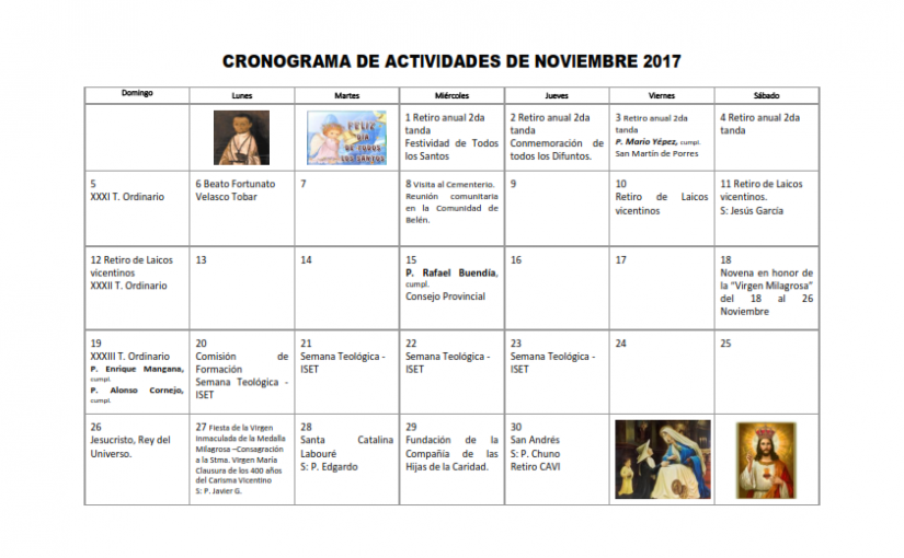 Calendario Noviembre 2017