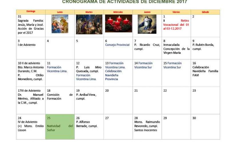 Calendario Diciembre 2017